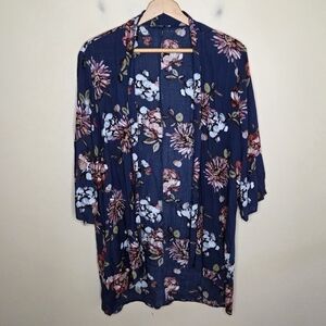 Stitch Fix Pink Clover | Navy Pink Floral Open Front Kimono Top Size Small